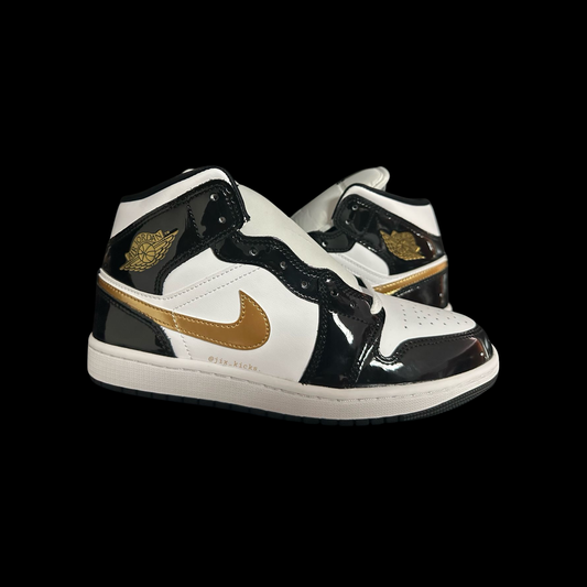 Jordan 1 Mid Patent Black White Gold